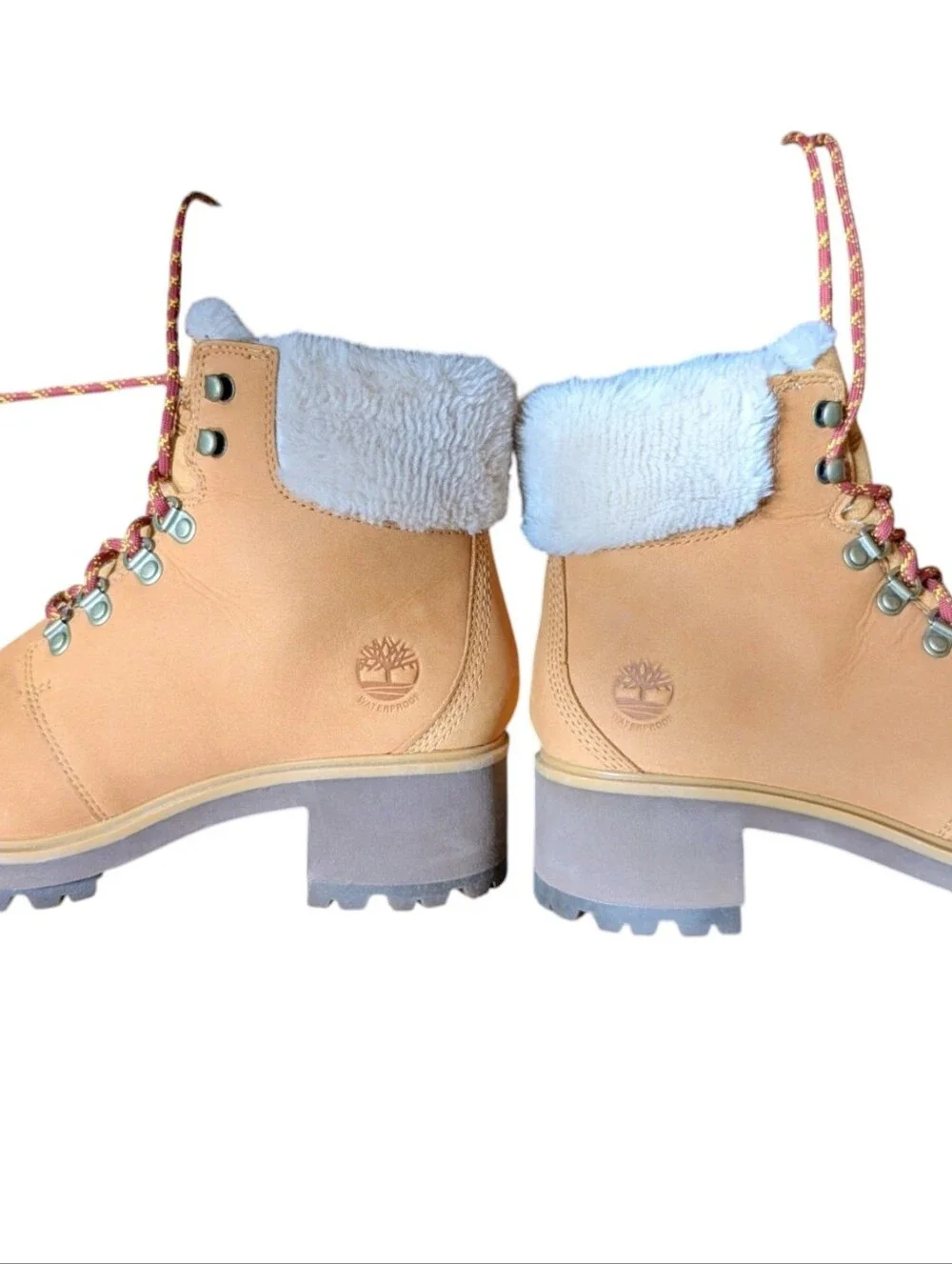 Timberland Kinsley Leather Wheat Tan Lace-Up Ankle Boots With Faux Fur Collar
